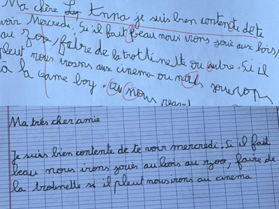 Graphothérapie : avant, une écriture peu lisible et pas droite / après, une écriture lisible, droite, fluide